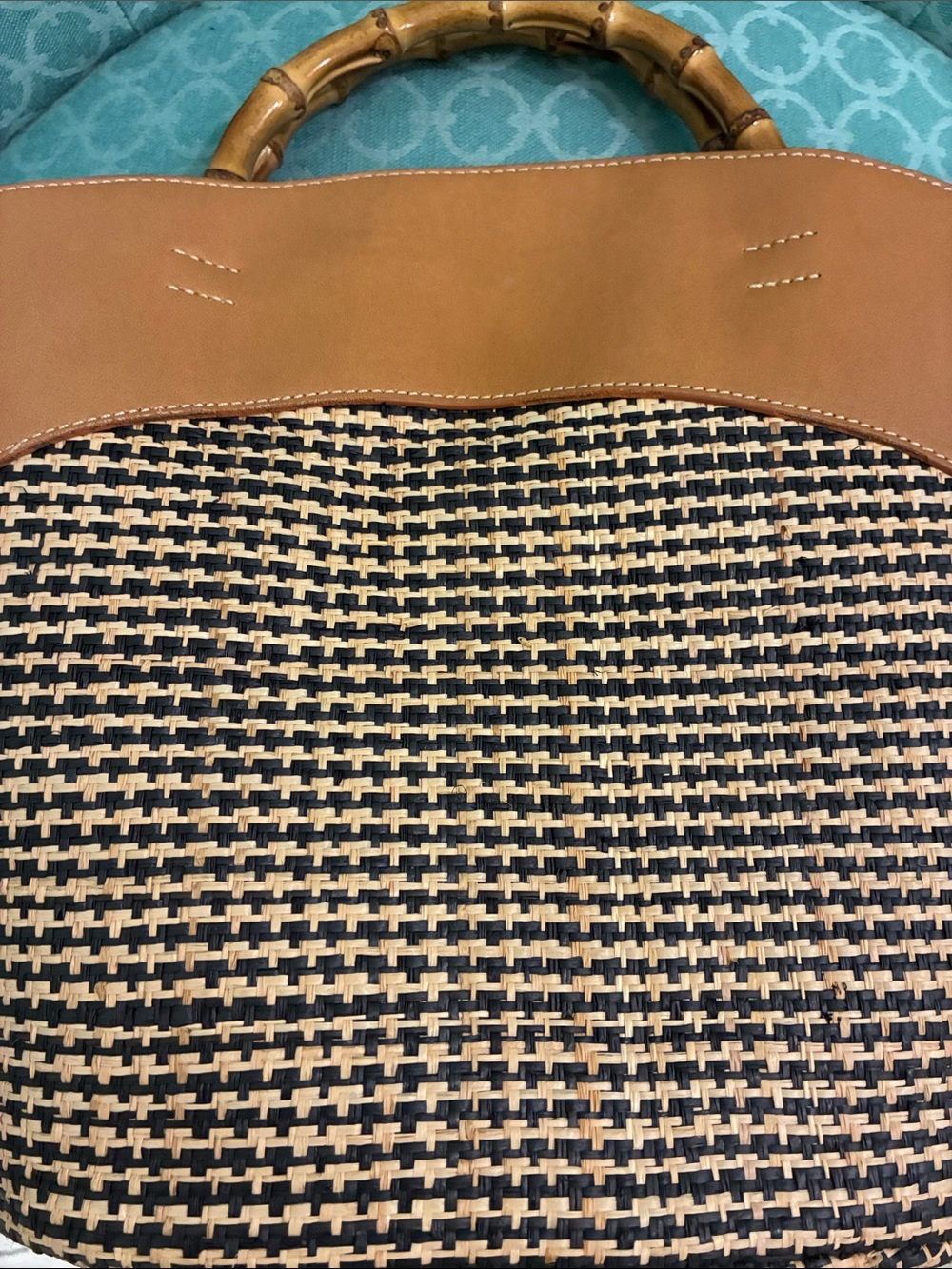 J McLaughlin Tan Woven Tote with Bamboo Handles - Designer Style - Picture 6 of 11